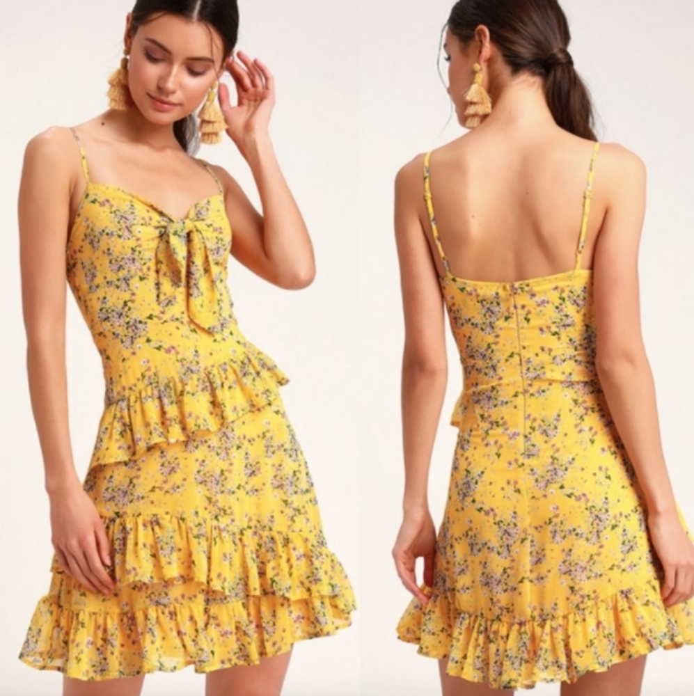 NWT Lulu's Main Squeeze Yellow Floral Print Chiffon Tie-Front Mini Dress